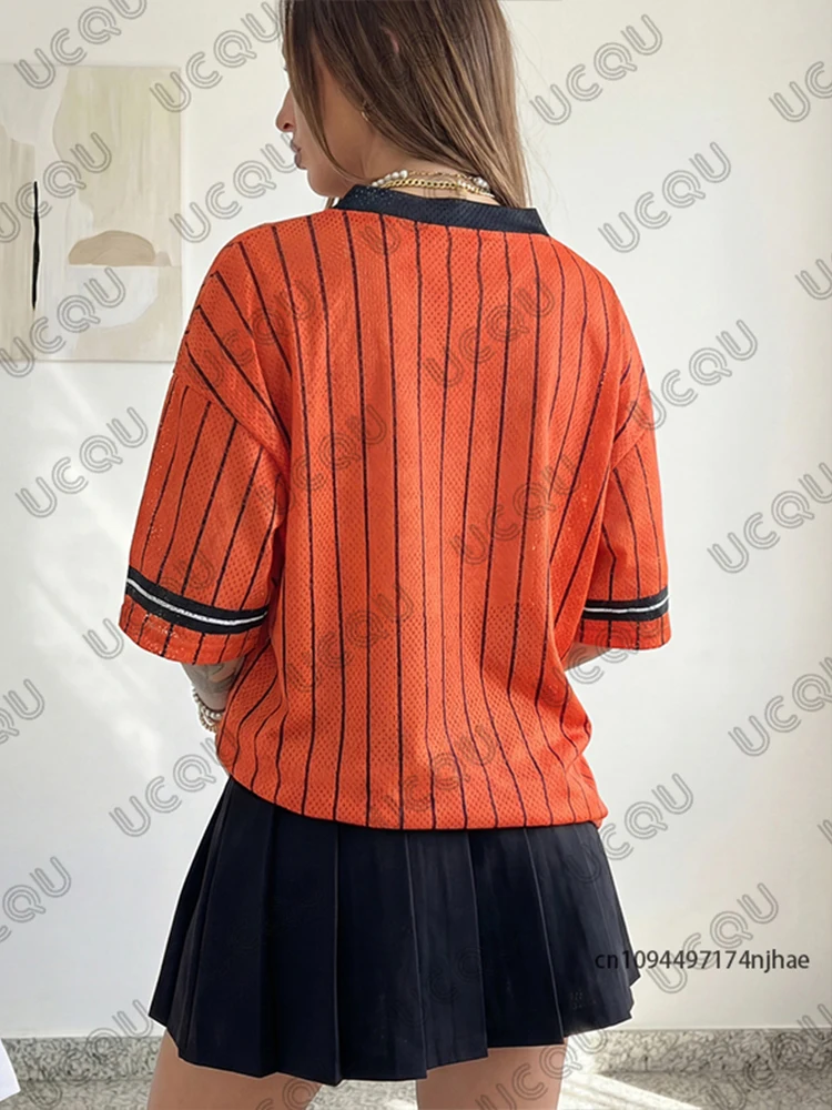 Summer New Stripe Brooklyn No.25 Print T Shirt For Women V-Neck Short Sleeve Sports Football Jersey Y2K Loose Oversized Tops