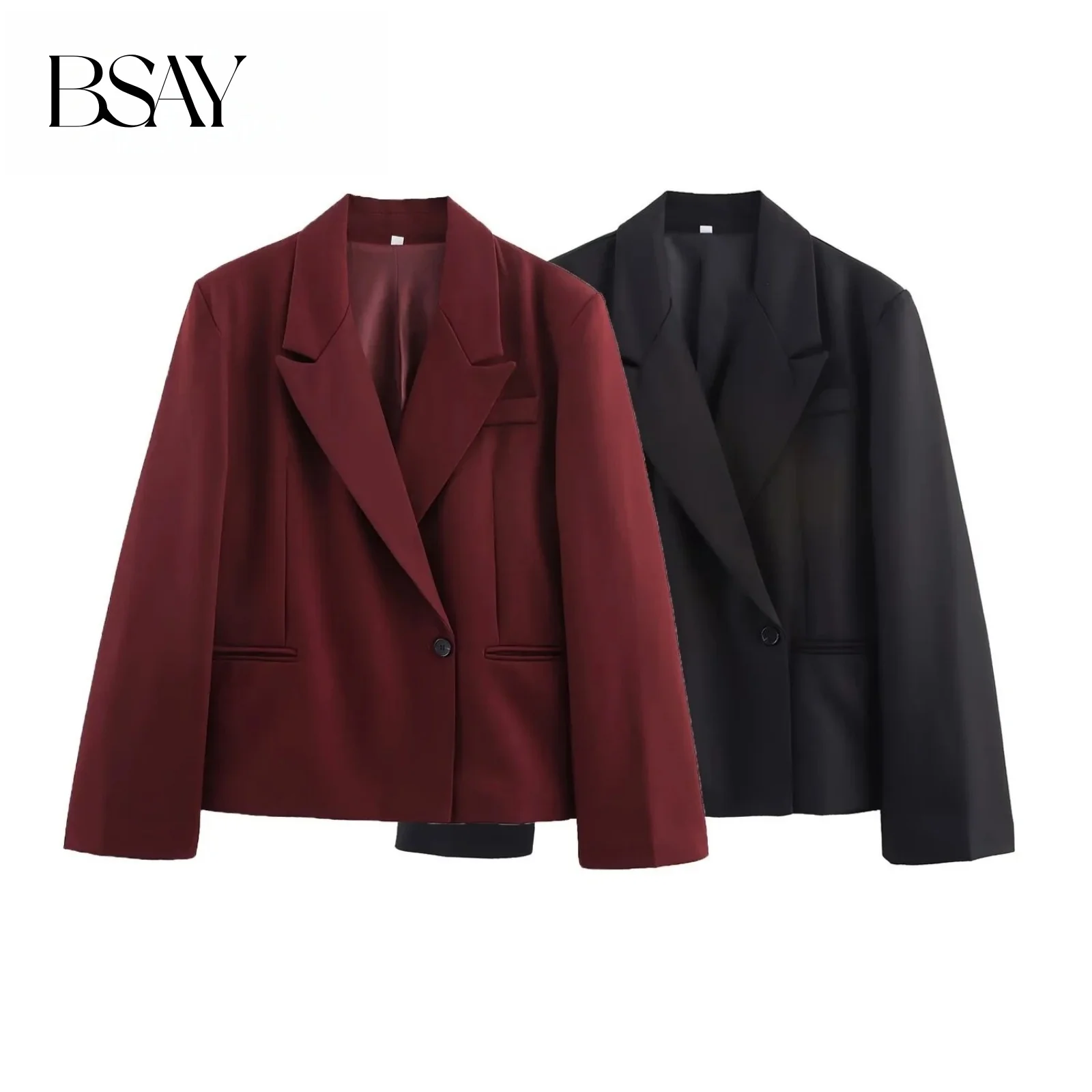 

BSAY Fashion Versatile Autumn New Collection 2025 Women's Solid Color Long Sleeve Loose Short Flip Collar Suit Coat
