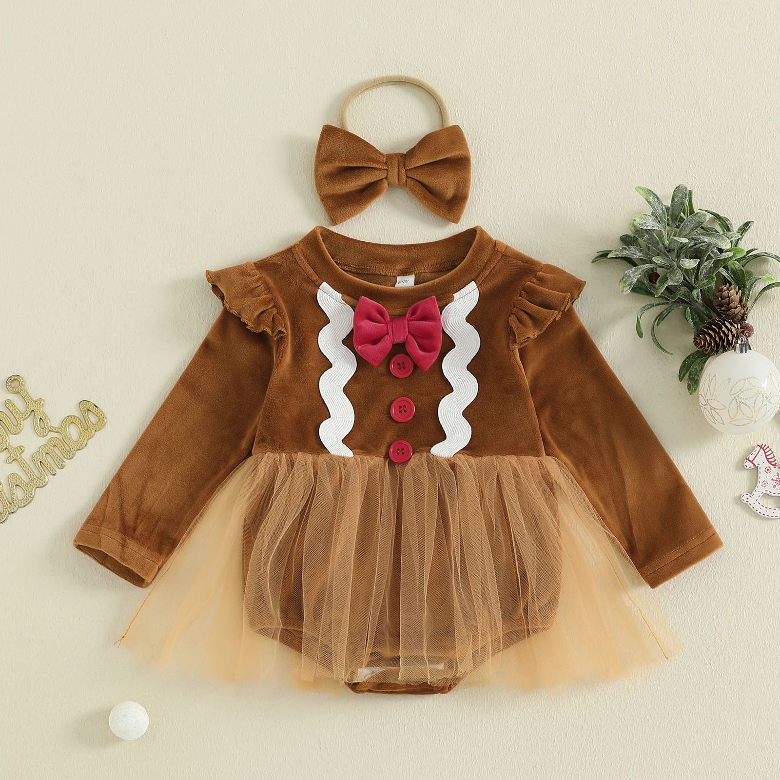 Newborn Baby Girl Christmas Romper Outfit Gingerbread Man Long Sleeve Jumpsuit Dress Bow Headband 2 Piece Set