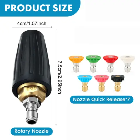 1/4" Car Pressure Washer Accessory Turbo Rotary Nozzle 360° Rotary Turbo 4000 PSI Solid Brass + ABS With 7 Nozzles