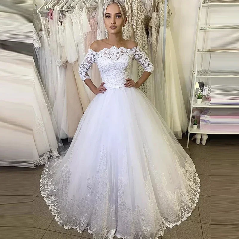 Elegante Spitzenapplikationen Ballkleid Brautkleider 2025, schulterfrei, lange Spitze, Brautkleider, Prinzessin, Hochzeitskleid, Übergröße