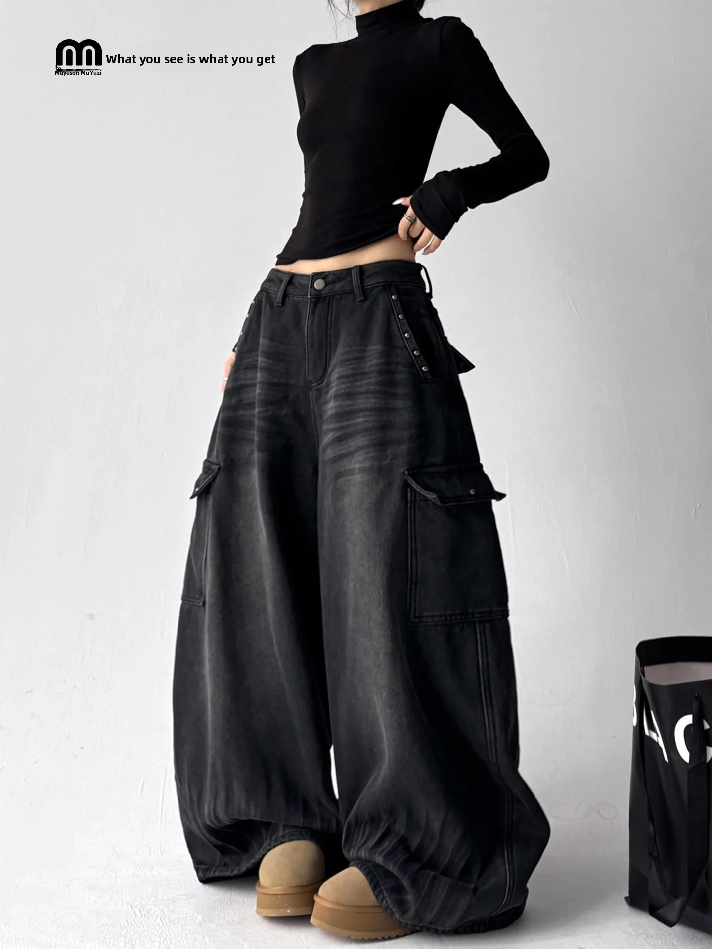 

Loose Wide Leg Denim Jeans Women's Lazy Style Loose Fit Casual High Waist Jeans American Retro Design Rivet Workwear Jeans