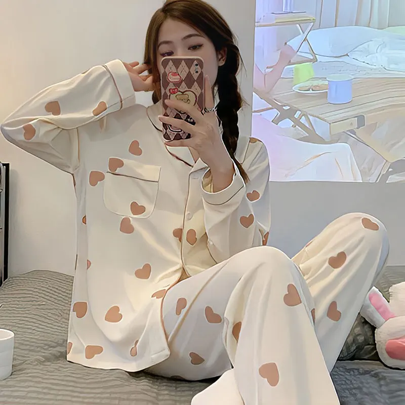 Spring Autumn Women's Imitation Cotton Pajamas Lapel Long Sleeve Cardigan Pants Loose Home Clothing Girls Cute Sweet Sleepwear