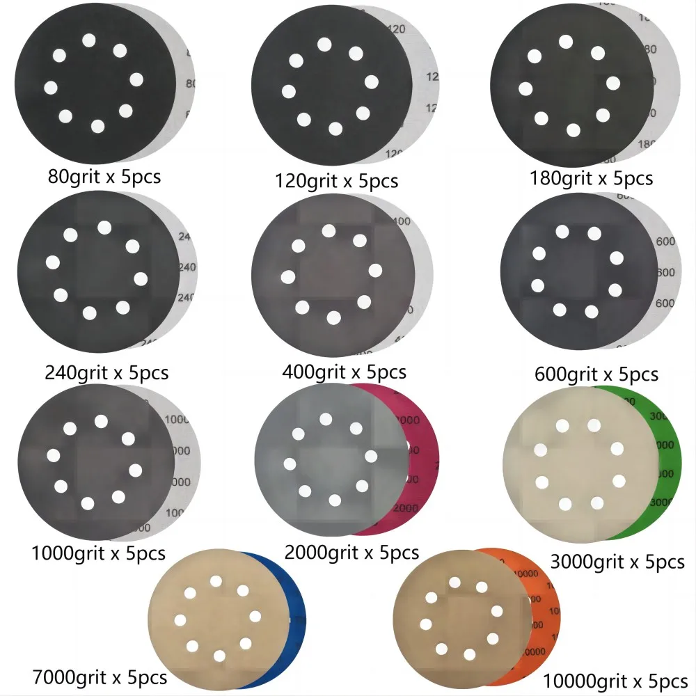 55 pz disco abrasivo 5 pollici 8 fori Hook and Loop carta vetrata Wet Dry con levigatrice a mano M10 platorello interfaccia Pad per casuale
