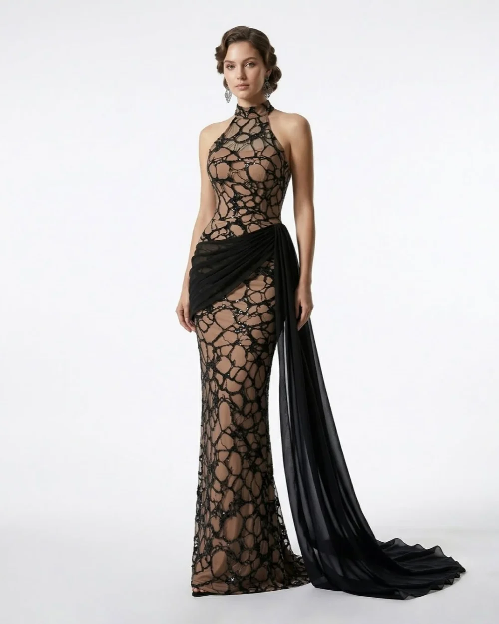 

Customized Modern Style Women Jersey Sequined Pleat Straight Evening Dress Formal High Collar Sleeveless Floor Lenght Party Gown