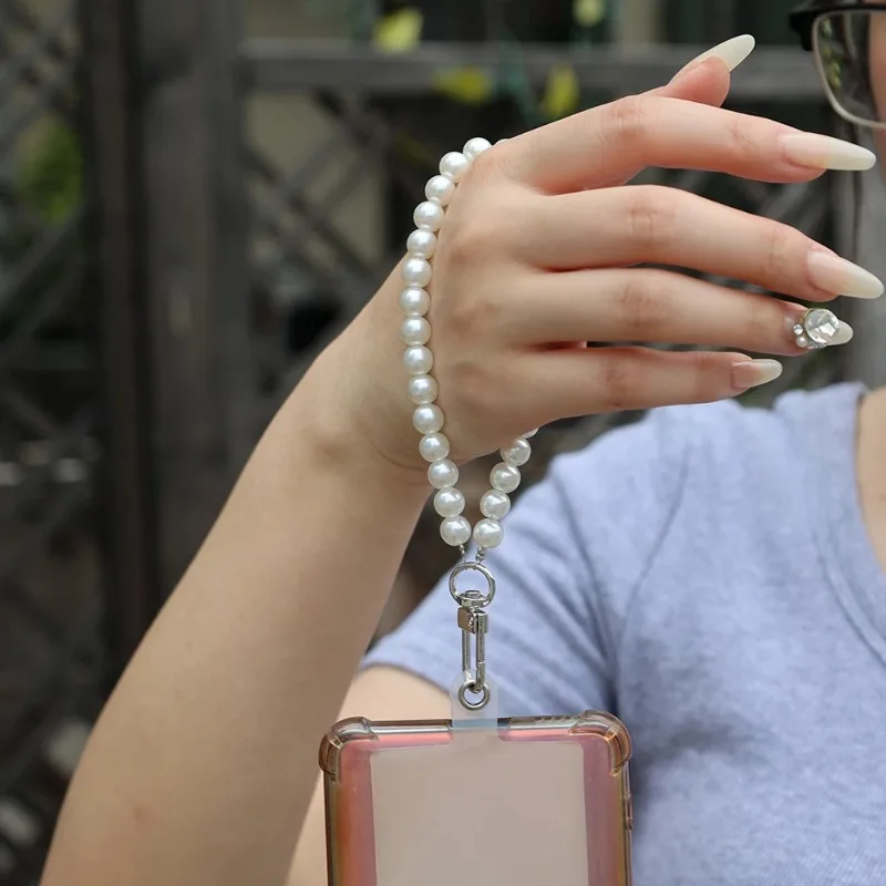 Multifunctional Pearl Phone Lanyard Crossbody Chain Strap Replacement Cellphone Wrist Straps Necklace Charm Chain with Patches