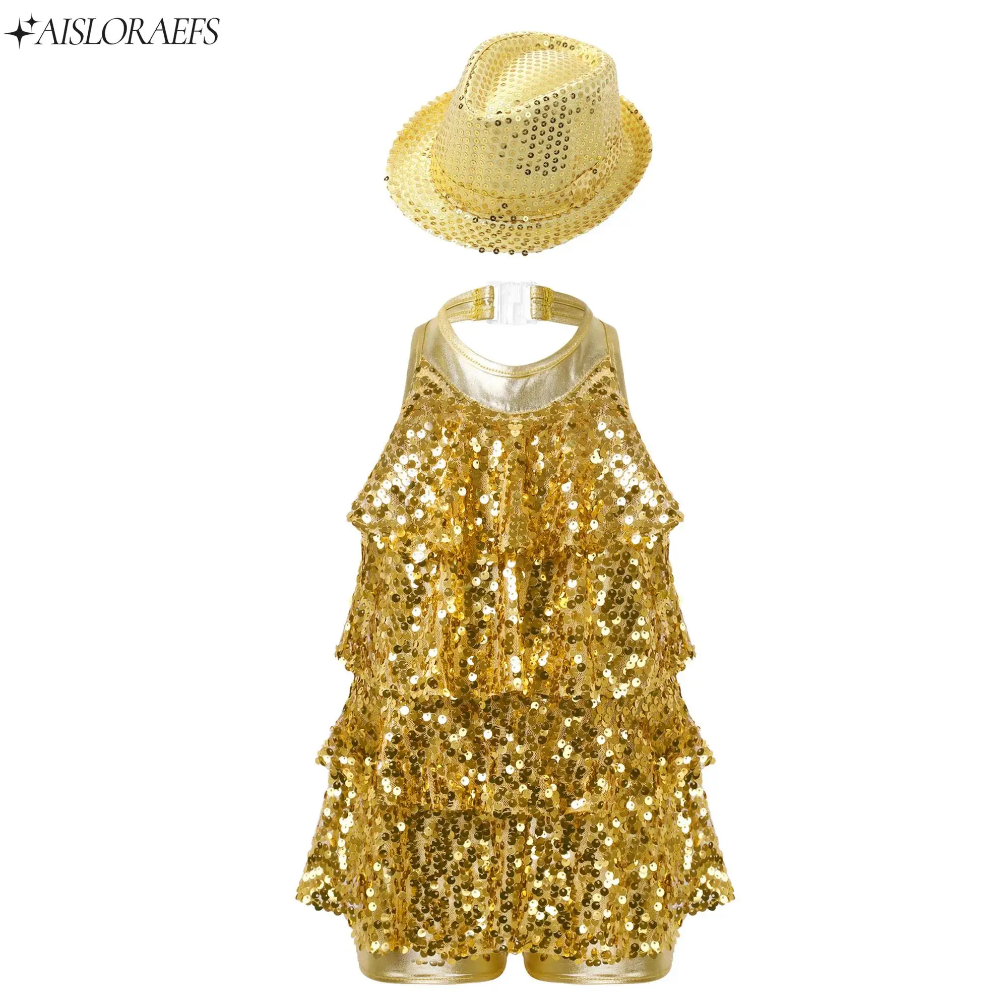 

Kids Sequins Halter Ballet Dance Shorty Unitard Dress with Hats Teen Girls Modern Jazz Latin Chacha Rumba Dance Performance Set
