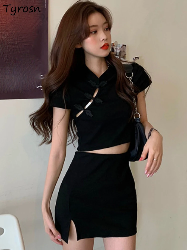 

T-shirt Skirt Sets Women Vintage Design Leisure High Waist Sweet Hollow Out Ladies Tender Elegant Pure Chinese Style Mini Summer