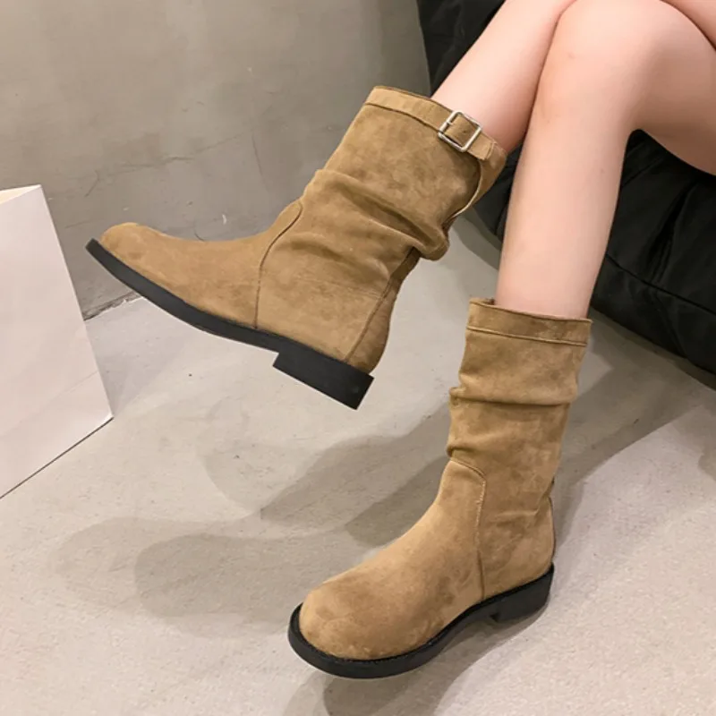 Women\'s Boots 2024 New Pleated Design Fashion Boots Solid Color Retro Street Casual Slip-on Botas Femininas Women\'s Rock Zapatos