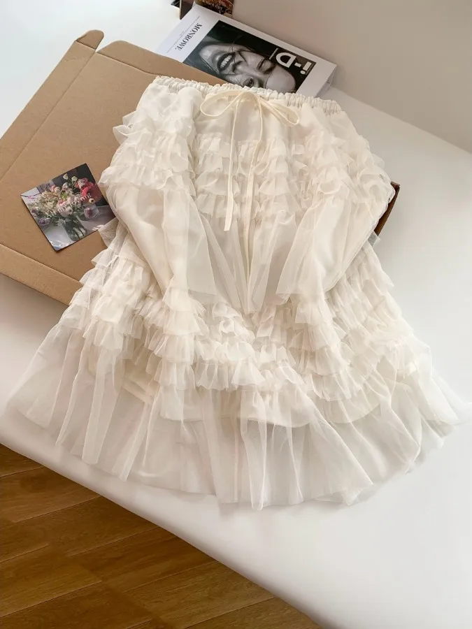 

Элегантная женская летняя юбка А-силуэта с высокой талией, новая модель, многослойная, из сетчатой ткани, универсальная, хлопковая, в стиле «кейк»