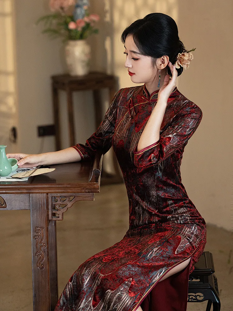 Women Autumn Winter Velvet Cheongsam Chinese Traditional Evening Wedding Banquet Dresses Long Velour Qipao