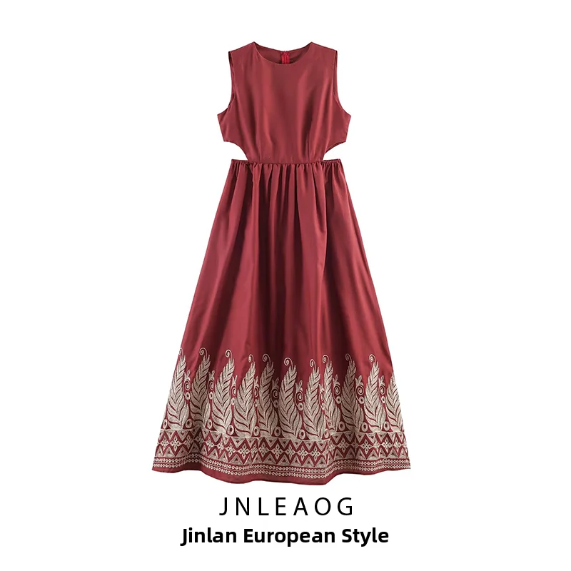 JNLEAOG Summer New Women's Fashion Ethnic Positioning Embroidery Bared Waist Sleeveless Dress Casual round Neck A-Line Skirt