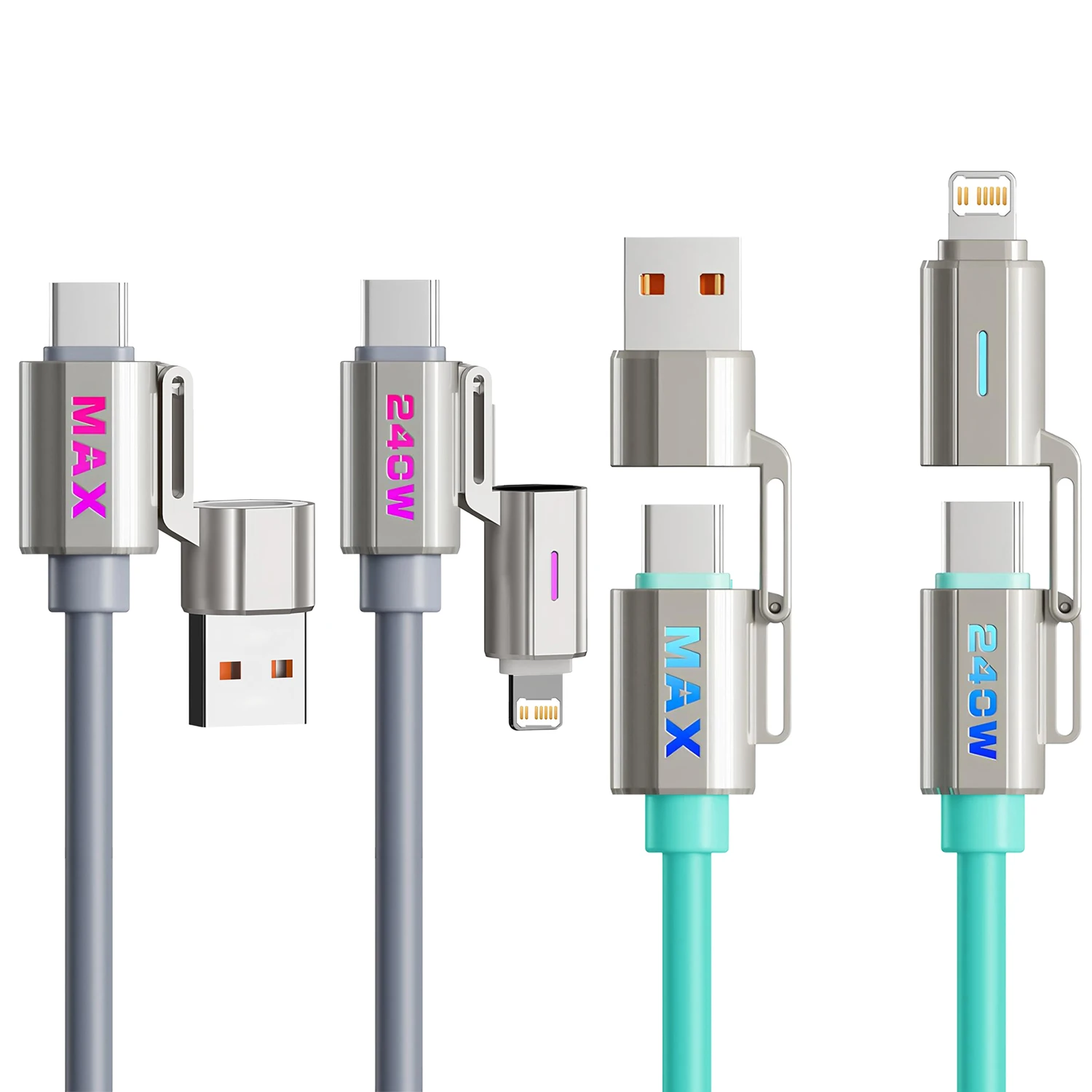 240W Silicone 4-in-1 Fast Charging Cable for IPhone 16 15 14 13 12 11 Pro Max for Samsung S25 S24 S23 for LG for Moto G Oppo