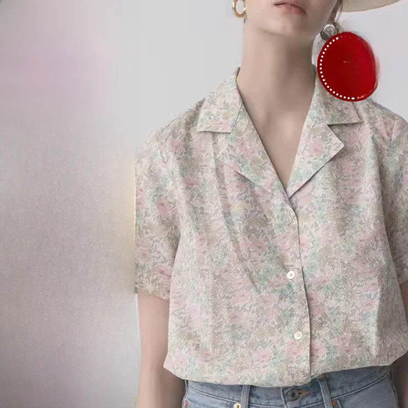 Ladies' V-ne Printed irt Pattern Leather Paper Cutting Cusizable Clothing Design Service Summer Regular Fit  irt