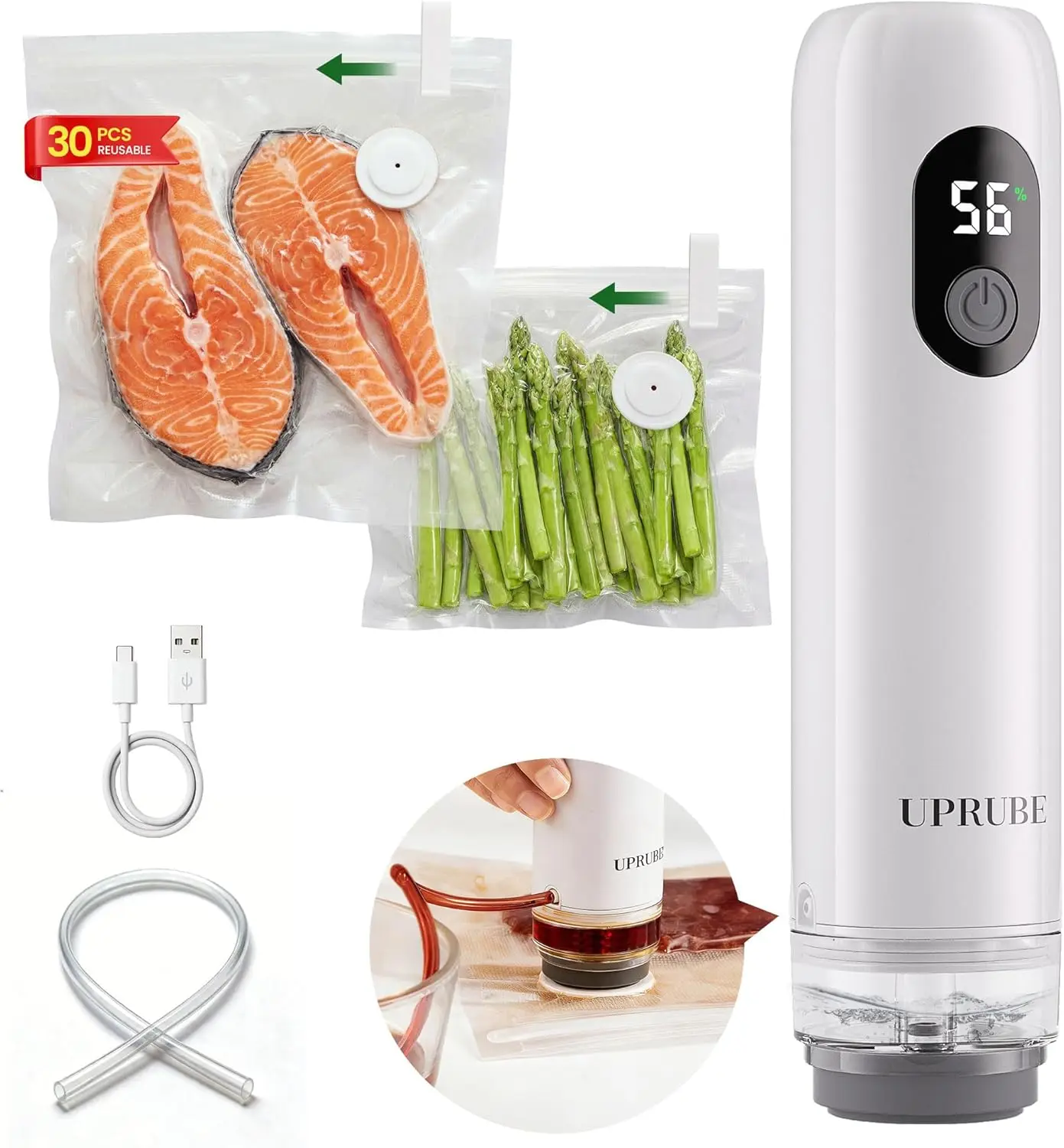

Compact Vacuum Sealer Machine + 30 Bags, Handheld Food Sealer with LED Display & Liquid Drainage, Portable for Kitchen