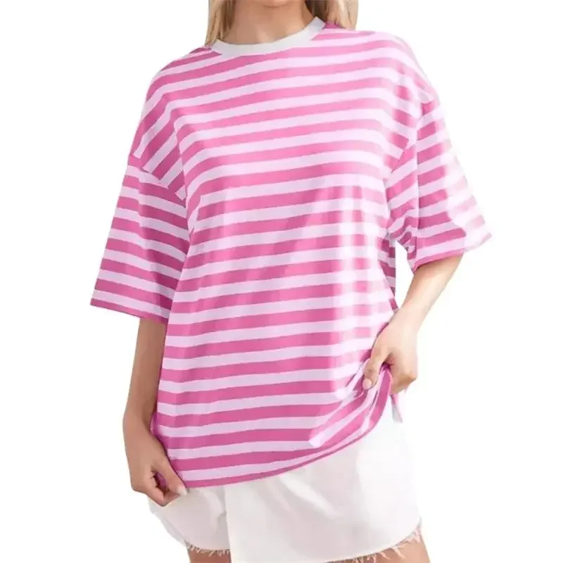 

Summer New Stripe Color Blocking T-Shirt Women Korean Casual Loose Half Sleeve Tops Female Fresh Sweet Style Daily Commuter Tees