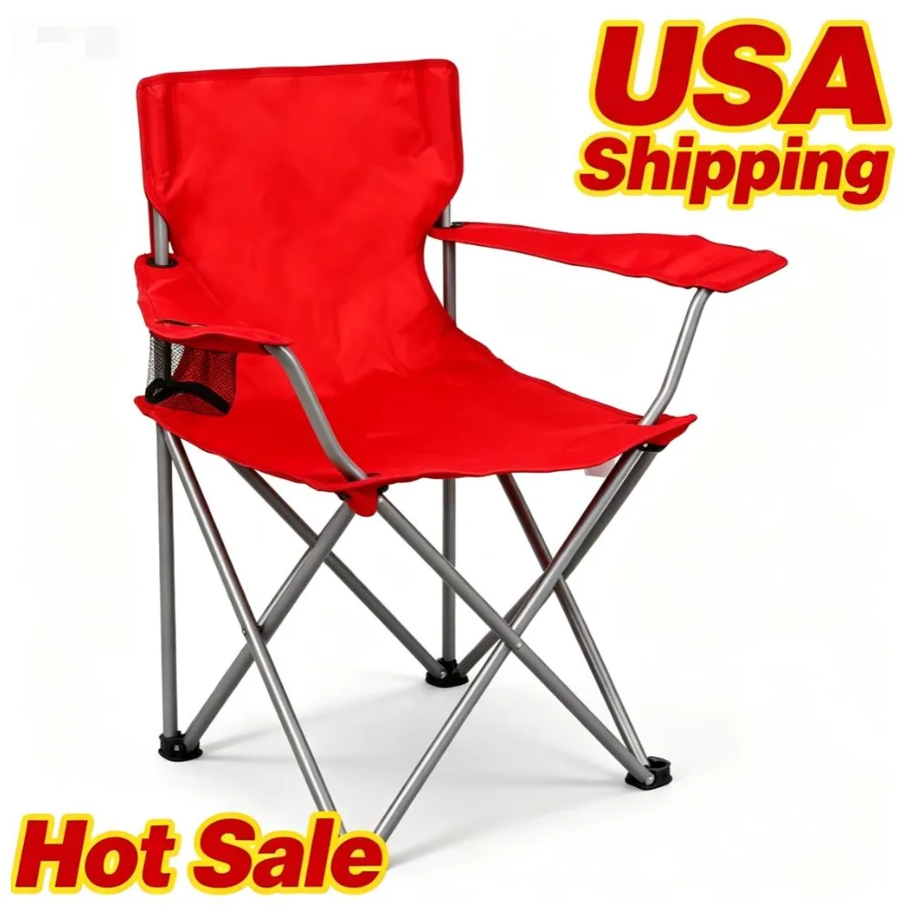 Bright Red Quad Folding Camping Chair 225lbs Capacity With Mesh Cup Holder & Carry Bag