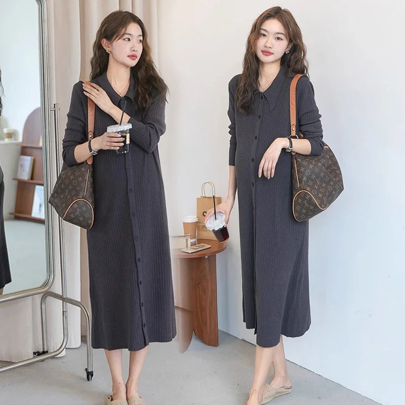 

Long Sleeve Turn-down Collar Single-breasted Maternity Straight Dress Pregnancy Pleated Dresses Autumn Pregnant Woman Knit Dress