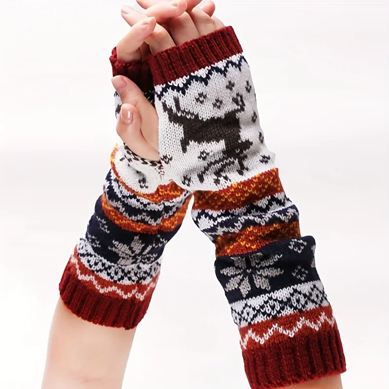 

Christmas Reindeer Jacquard Knit Sleeves Vintage Multicolor Warm Arm Cover With Thumb Hole Autumn Winter Coldproof Long Gloves