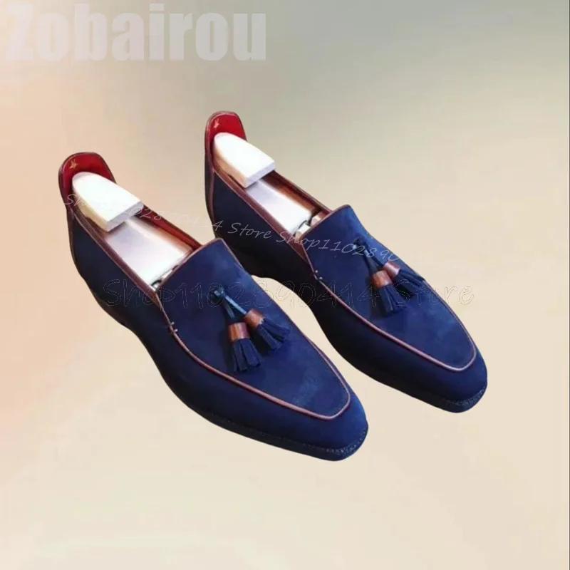 

Blue Tassels Decor Square Toe Suede Penny Loafers Fashion Slip On Men Shoes Luxury Handmade Party Feast Banquet Men Casual Shoes