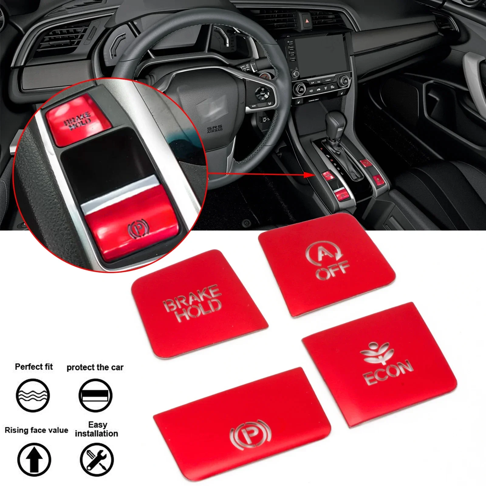 4pcs Red Gear P Gear Brake Hold Function Button Frame Cover Trim HandBrake Sticker For Honda Civic 2016 2017 2018 2019 2020 2021