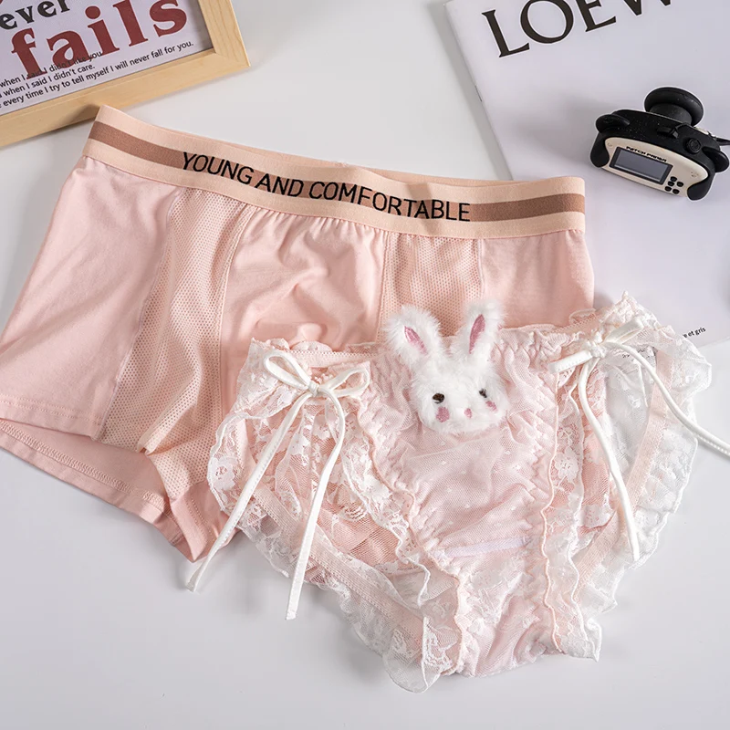 Cream Rabbit Lolita Couple Underwear Pure Cotton Cute Men And Women Lace Up Panties Couple Sexy And Sweet Briefs