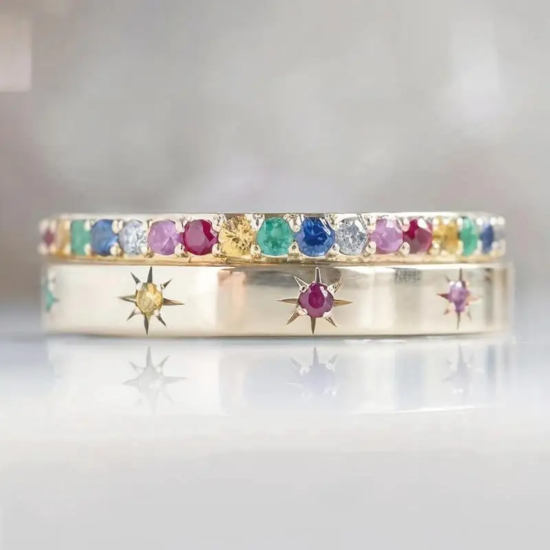 Modischer Ethno-Stil Sonnen-Design Damenring-Set mit zwei bunten synthetischen Zirkonen, kreativer Schmuck als Geschenk