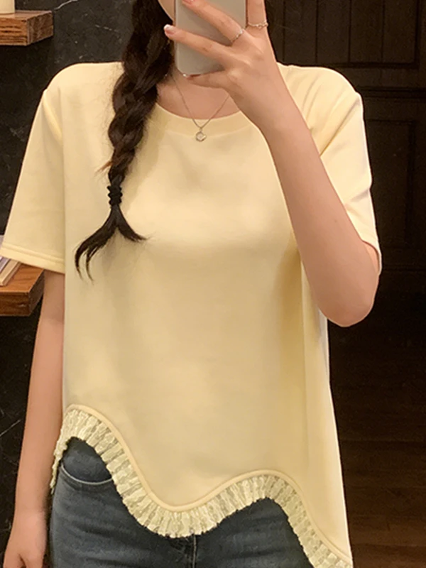 

plus Size Summer T-Shirt Women's Cute Wave Wood Ear Asymmetric Short Sleeve Top Skin-friendly Breathable Daily Wear
