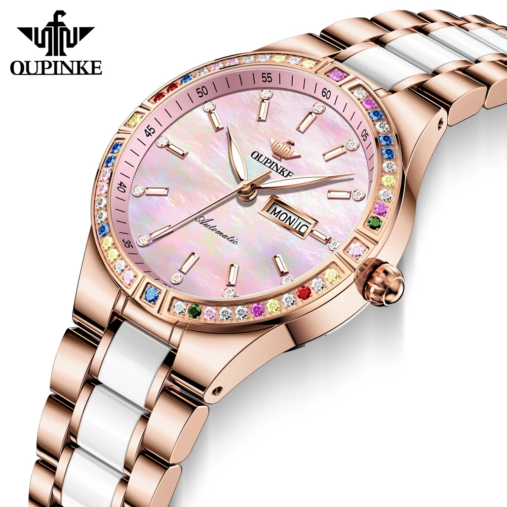 

OUPINKE Women Automatic Mechanical Watch 6 Color Gems Top Brand Luxury Ceramics Waterproof Watches Ladies Clock reloj mujer New