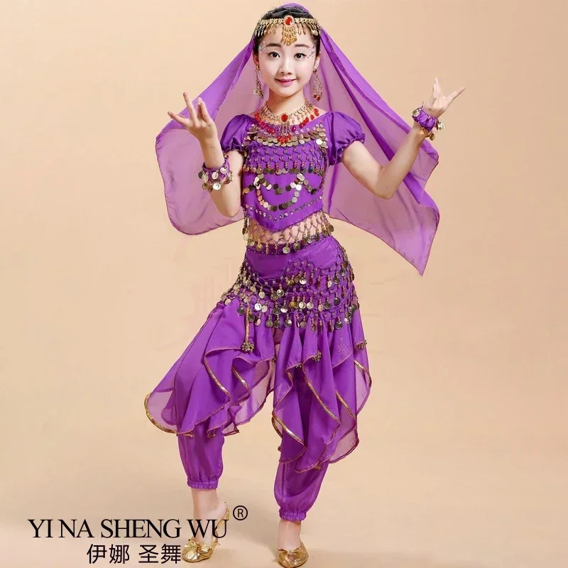 Traje de danza india Oriental para niños, conjunto de traje de danza del vientre, ropa de danza del vientre para niñas, disfraz de actuación para niños y adultos, bufanda de cadera