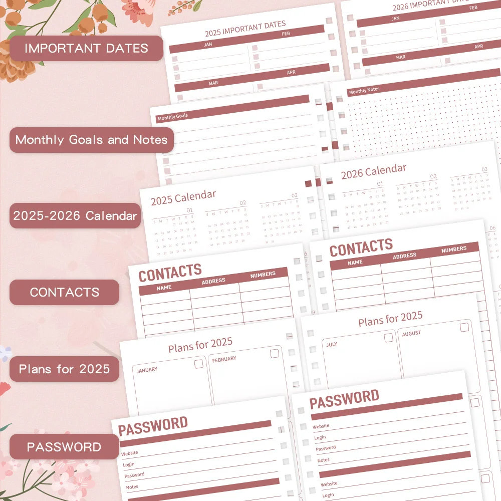 57 ورقة 25-26 2 سنة مخطط شهري الأزهار غطاء من الورق المقوى دفتر التقويم الشهري مع ملصقات تبويب منظم الجيب