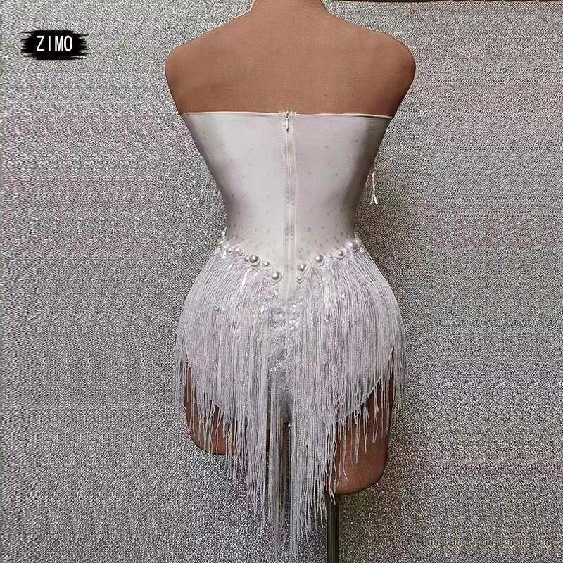 fashion pearl sequin Fringes Leotard Sexy Tassel Bodysuit women white pole Latin Dance Costume Stage Dancer DS Performance Show