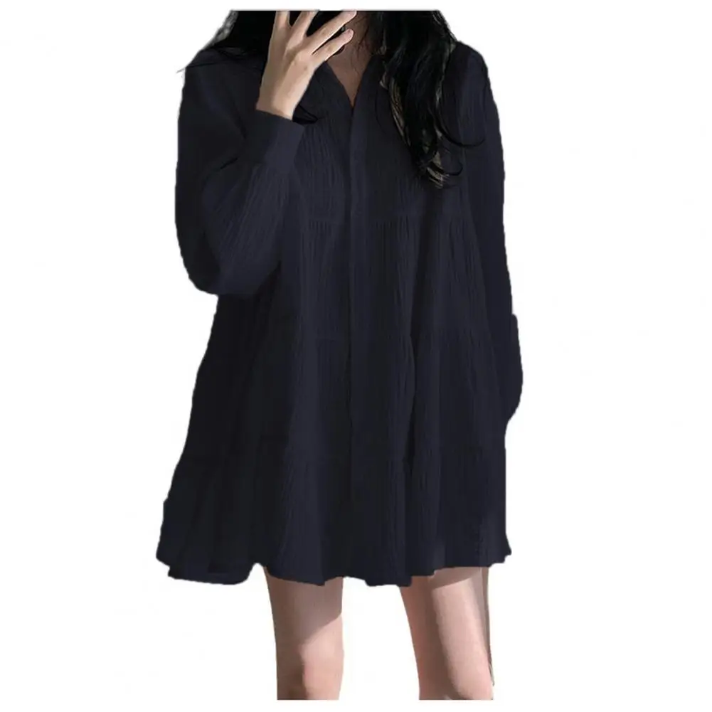 Ruffle Dress Elegant Ruffle Patchwork A-line Dress with Turn-down Collar Puff Sleeves Women's Fall Spring Button-down Mini Dress