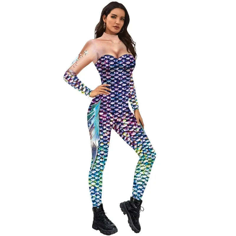 Cosplay sereia para mulheres, macacão escala peixe roxo, bodysuit magro, roupas de carnaval, festa de Halloween, festival, adulto