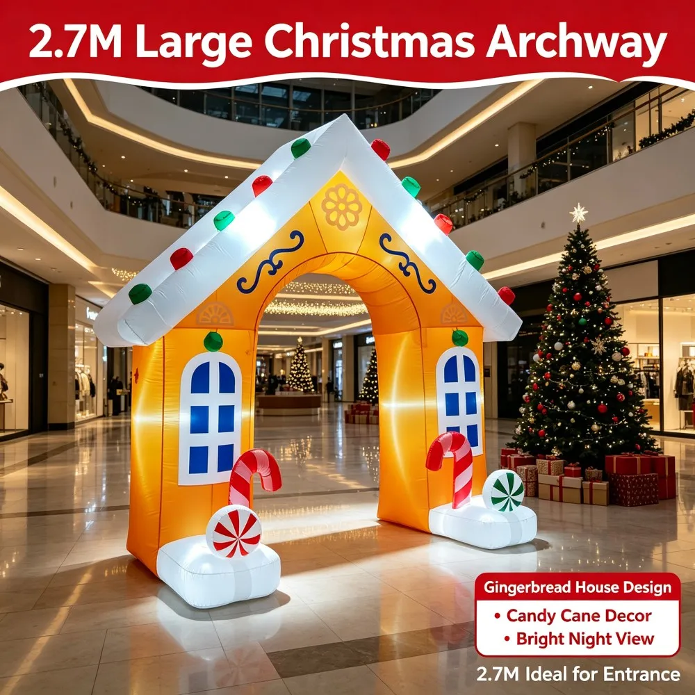 2.7M Christmas Inflatable Gingerbread Candy House Arch Built-in LED Lights Outdoor Yard Garden Holiday Party Large Fun Ornaments