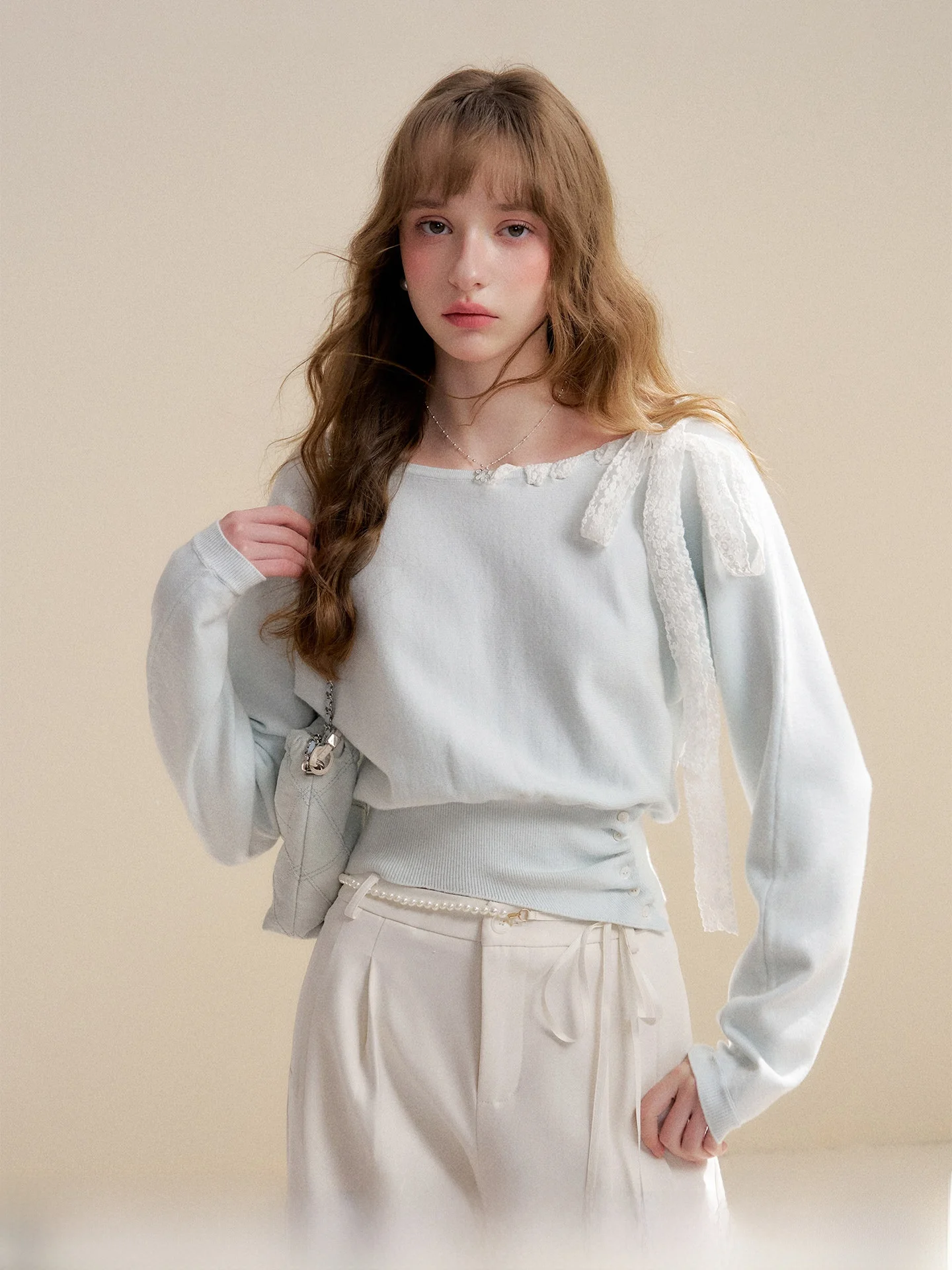 

Romantic Style Long Sleeve Knitted Lace Trim Slipover Rope Shoulder Knitwear Romantic Style Women's Regular Fit Long Knit Top
