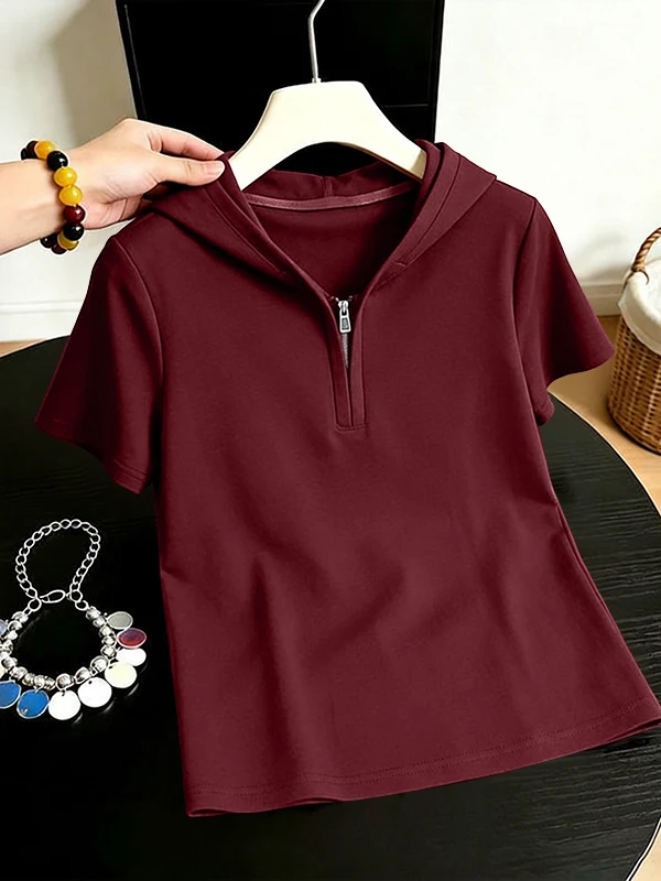 Ladies' Loose Fit Short Sleeve Hoodie 95% Cotton Summer Wear Half Zipper Casual Top Breathable Comfortable Korean Style