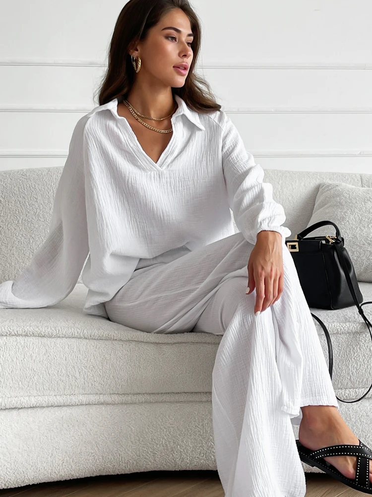 Linad Cotton Pajamas For Women 2 Piece Sets Loose Long Sleeve Nightwear Female Trouser Suits Solid Autumn Casual Sleepwear