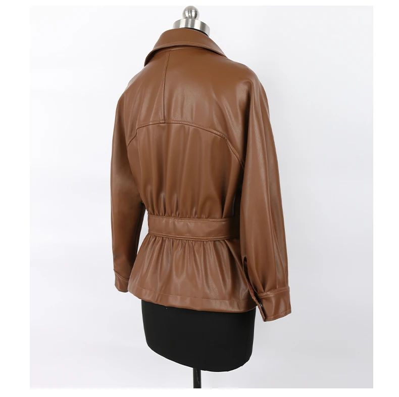 Nerazzurri Spring Autumn Short Brown Black Soft Light Faux Leather Jackets for Women Belt Lapel Casual Loose Korean Fashion 2022