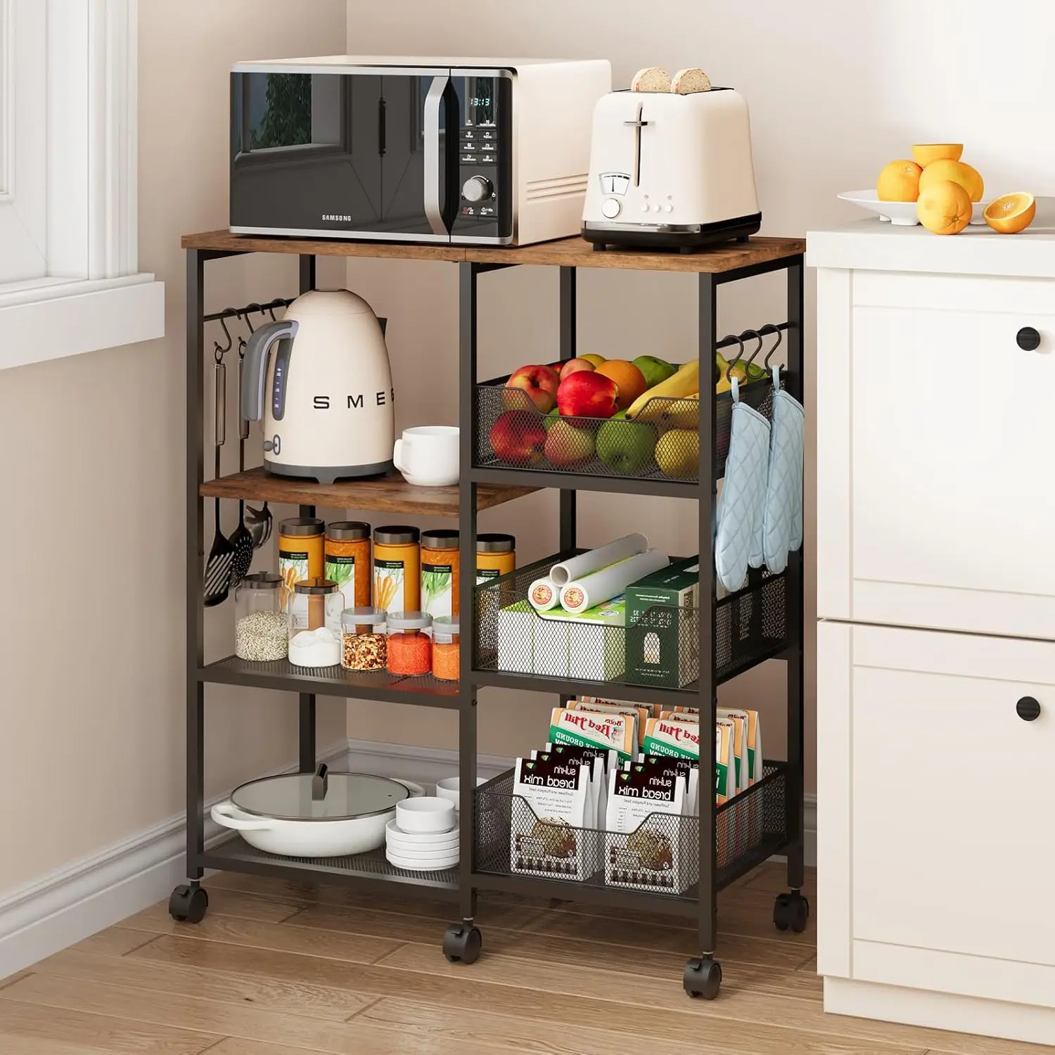 

4-Tier Rolling Kitchen Cart with Storage Shelves, 6 Removable Hooks & Locking Casters for Dining Room Pantry Office