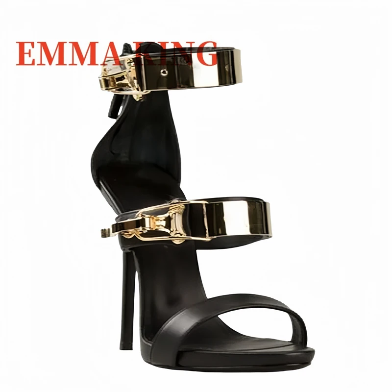 

Golden Buckle Open Toe High Heel Sandals Summer Women's Stilettos Gladiator Sandals Fashion Back Zipper Party Dress Shoes 44