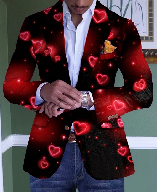 Mens Blazer Jacket Valentine\'s Day Business Pattern Print Gradient Pockets Single Breasted Blazer Men Slim Fit Wedding for Men