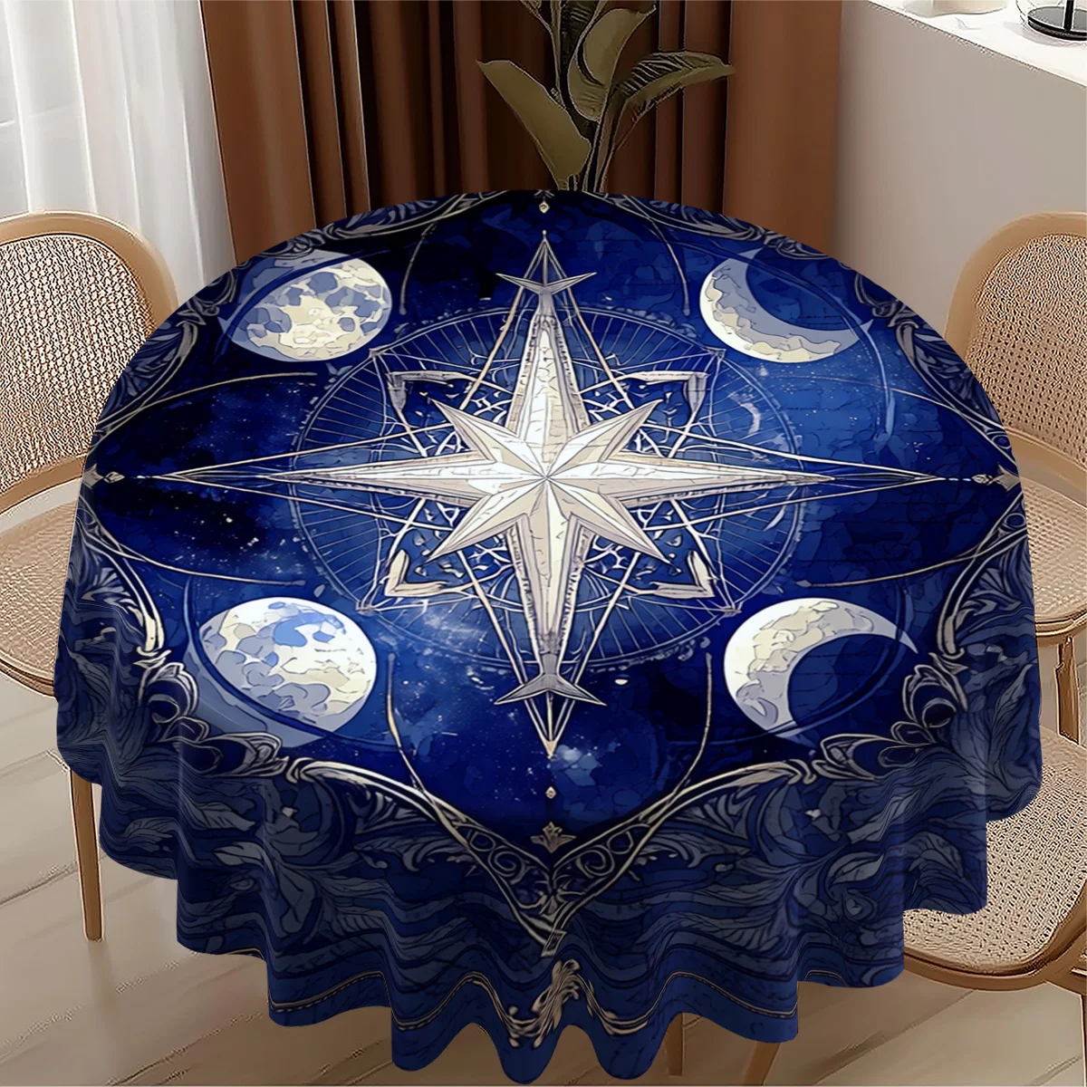 1pc Round Tablecloth with 2D Printed Star, Moon Phase, Floral, and Starry Sky Patterns, 60-inch/60.0inch Diameter