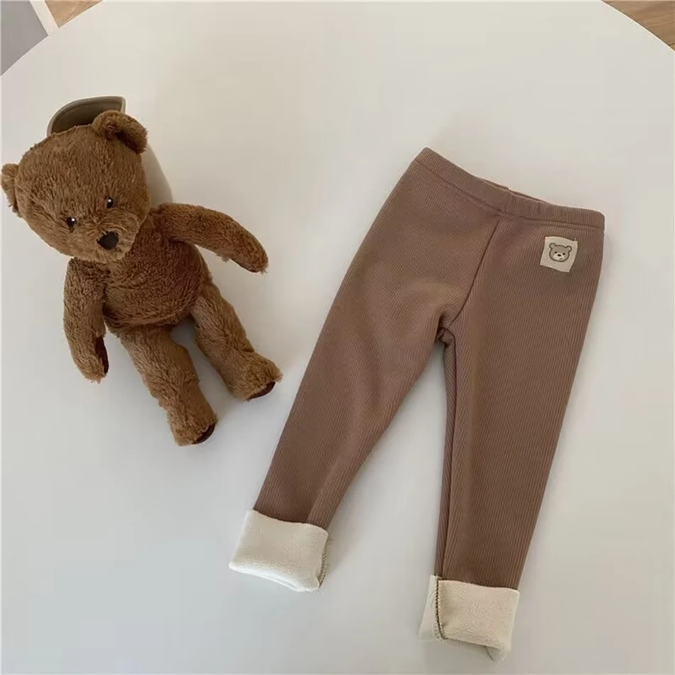 Cozy Kids One-Piece Fleece-Lined Bottoms for Boy and Girl Cartoon Bear Casual Pants Capris Perfect for Autumn and Winter Warmth