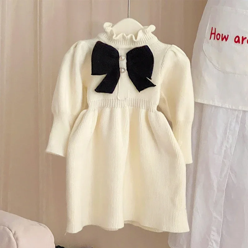 الخريف الفتيات الطفل كشكش محبوك الأميرة سترة فستان عيد الميلاد القوس فستان أحمر الفتيات الحياكة فستان بكم طويل ملابس كاجوال #5