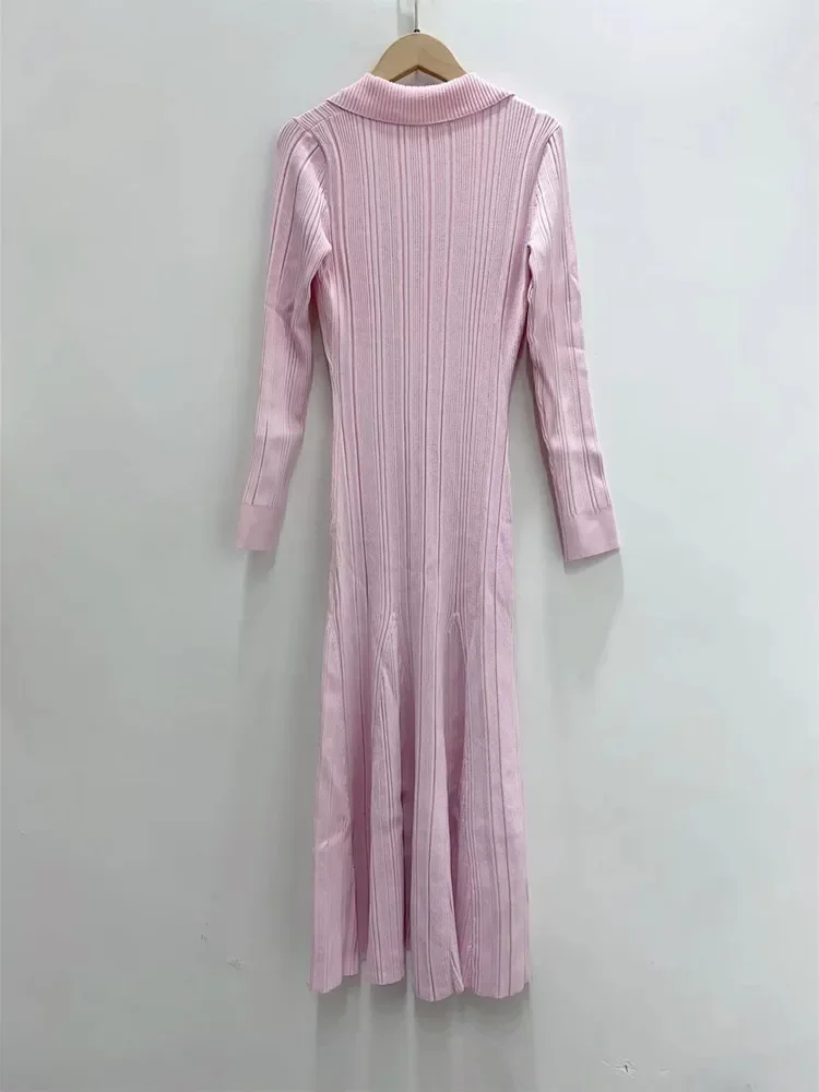 Women Pink Knitted Robe Turn-down Collar Long Sleeve Pockets Slim Spring 2024Midi Dress