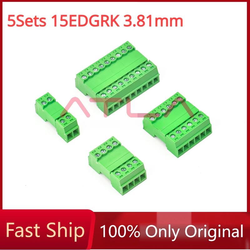 5Sets 15EDGRK 3.81mm 2/3/4/5/6 pin right angle screw terminal block connector 3.81MM pitch Plug + Pin Header Socket