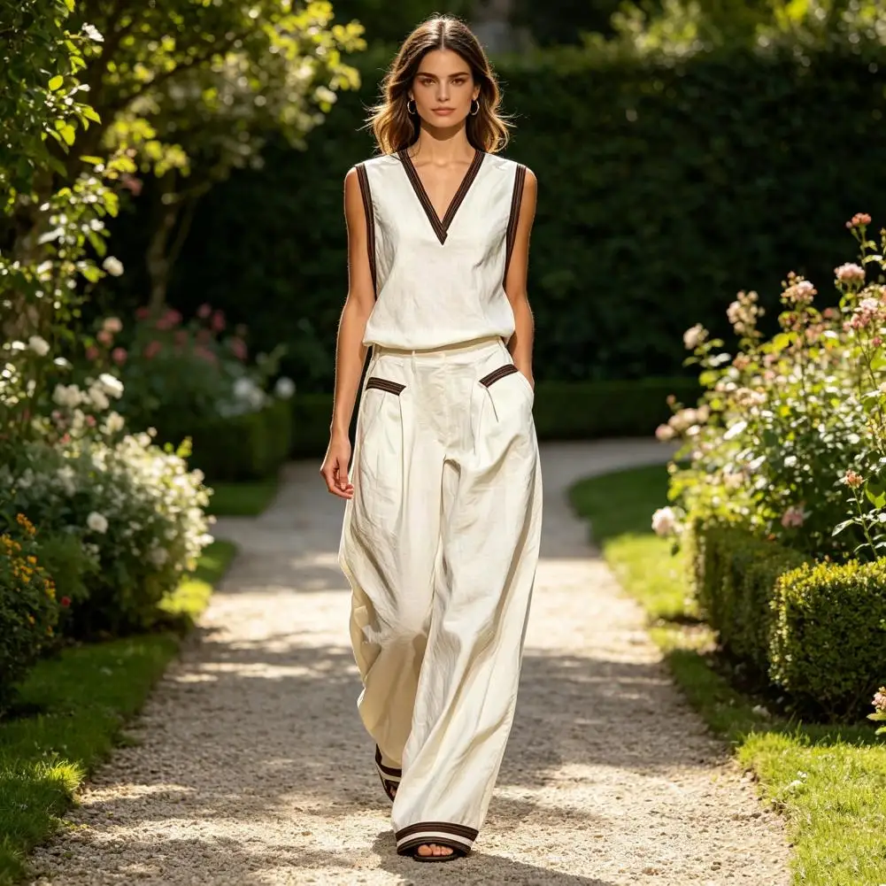 Summer Chic Women's Set Solid Color Two Piece Set Fashion Patchwork V-Neck Sleeveless Tank Top & Wide Leg Pants Office Suit