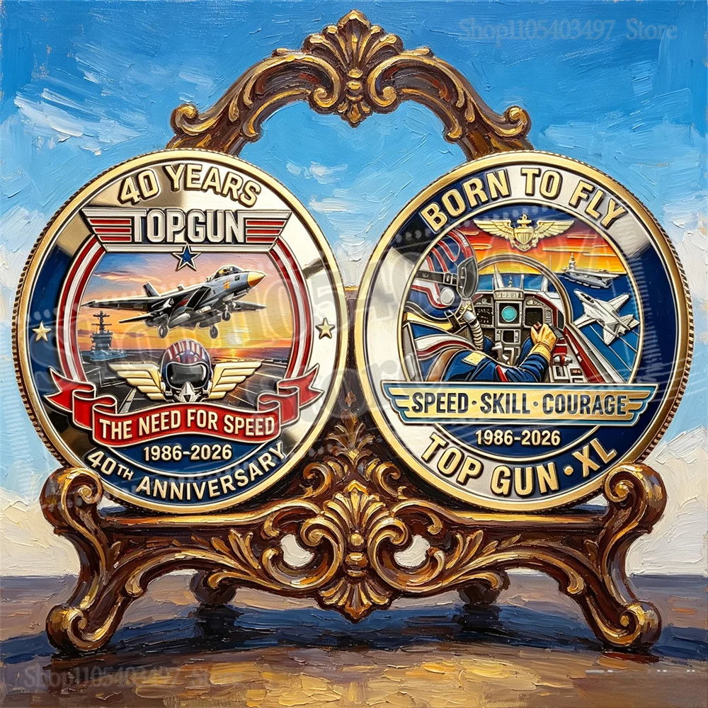 40th Anniversary Commemorative Coin Set-Top Gun Military Coin & Keychain & Pin Brooch Lapel Badge for Fans Collectors Gift