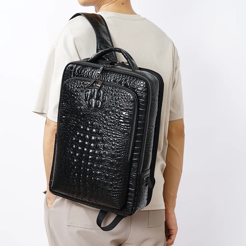 New Alligator Pattern Men Backpack First Layer Cowhide Men's Bag Genuine Leather Schoolbag Large 16 Inch Laptop Travel Backpack